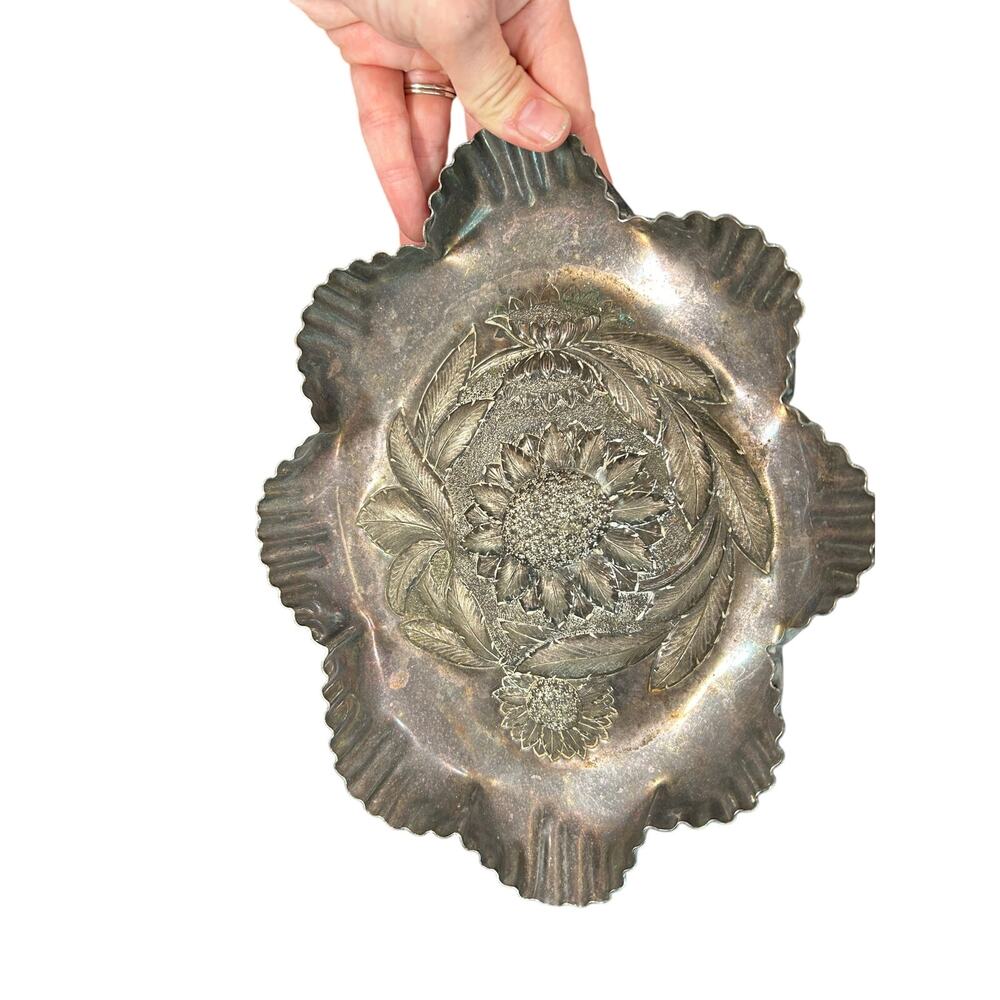 Heavy Silver Tone- Scallopped Edges- Detailed floral Design- Tray Vintage wear